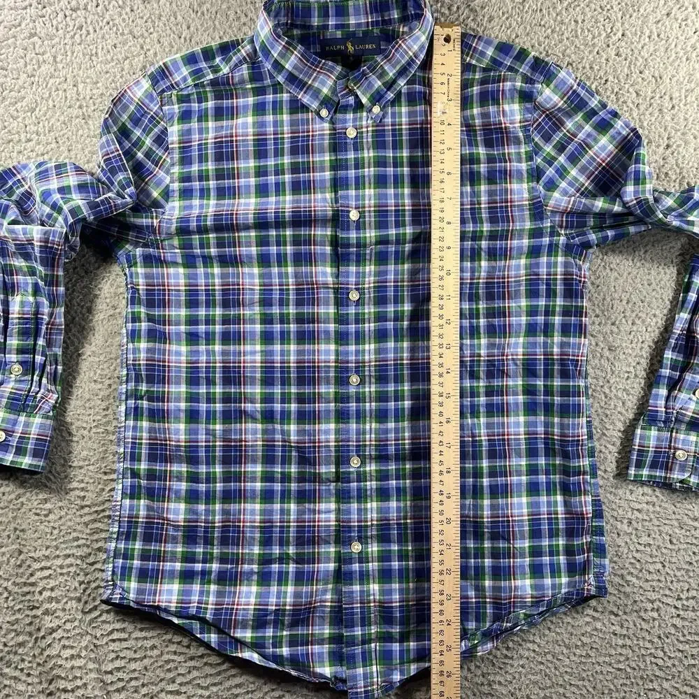 Ralph Lauren Boys XL 18-20 Plaid Button Down Shirt Long Sleeve Blue Green Pony